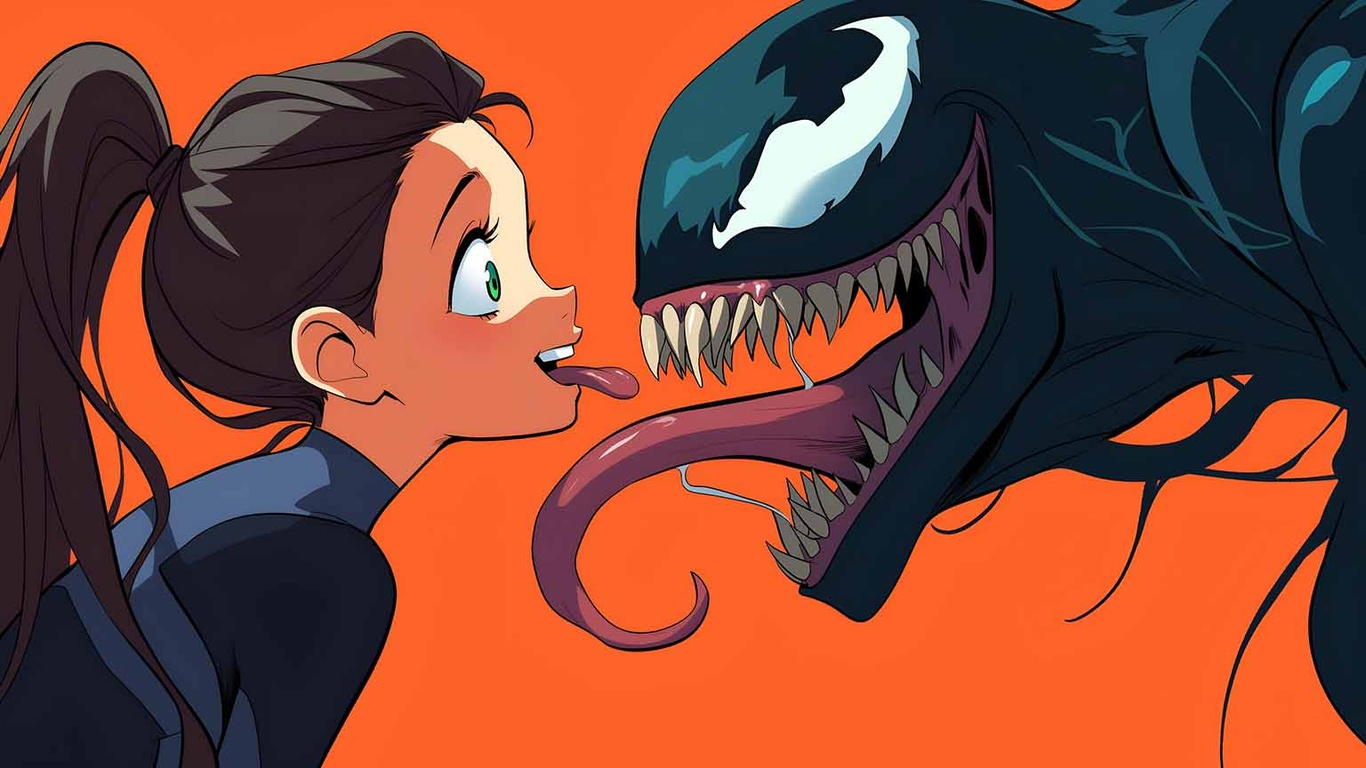 marvel venom and gwen stacy playful encounter desktop wallpaper preview